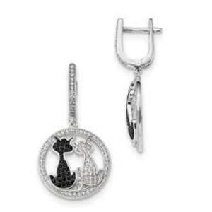 Sterling Silver RH CZ Brilliant Embers Love Cats Dangle Hinged Hoop Earrings